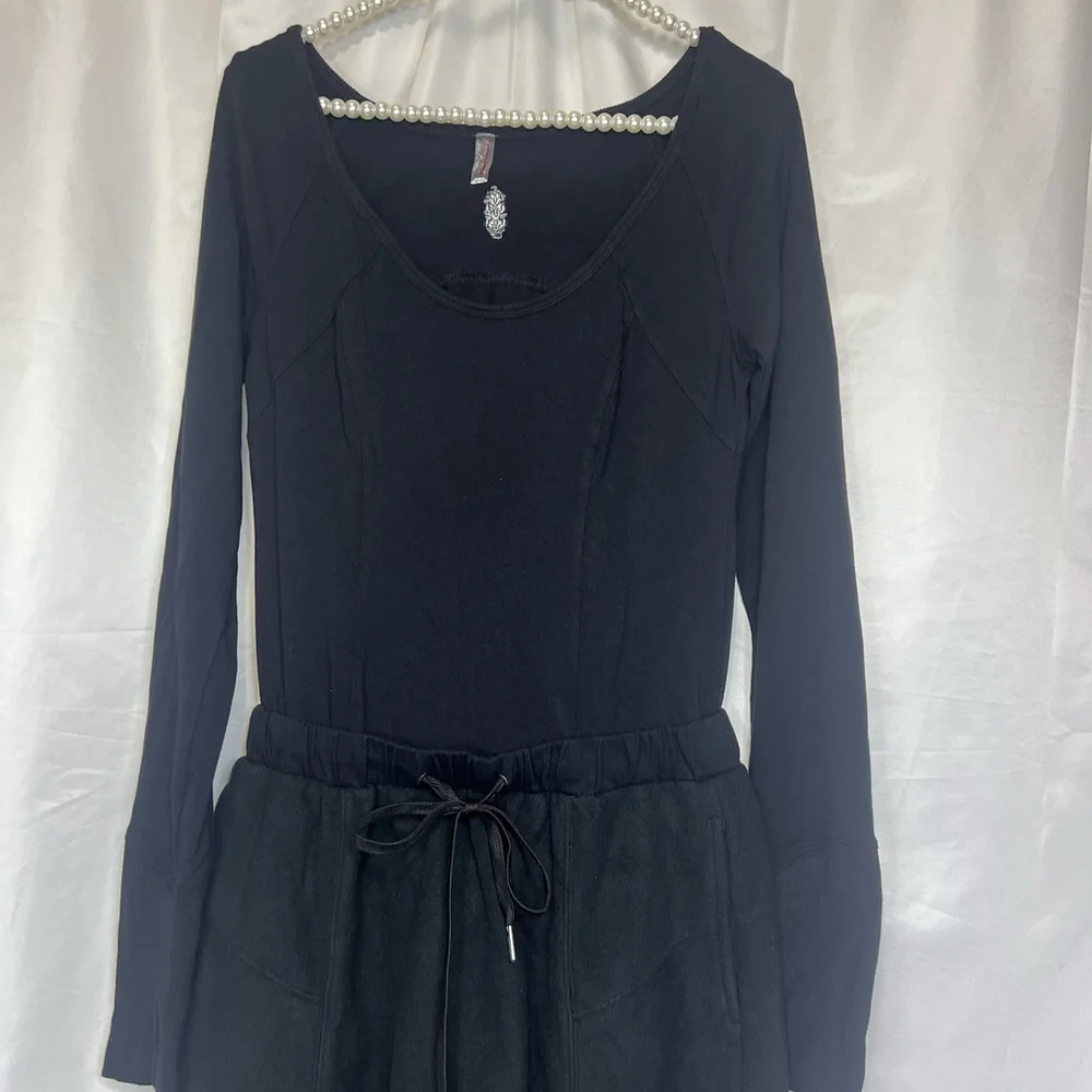 Free People FP Movement Make It Count Jumpsuit Black S Thumb Holes Fleece Bottom
